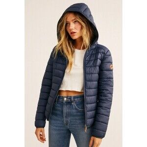 Save The Duck Womens 1/S Ultra Light Jacket Hooded Puffer Plumtech Navy Blue